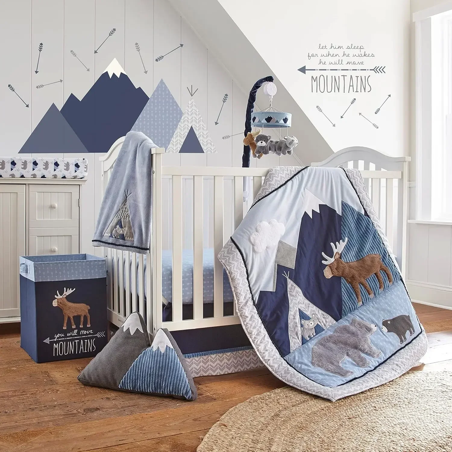 Levtex Baby - Trail Mix Crib Bed Set Baby Nursery Set Grey, Navy, White and Blue Bear Mountains 4 Piece Set Includes Qui