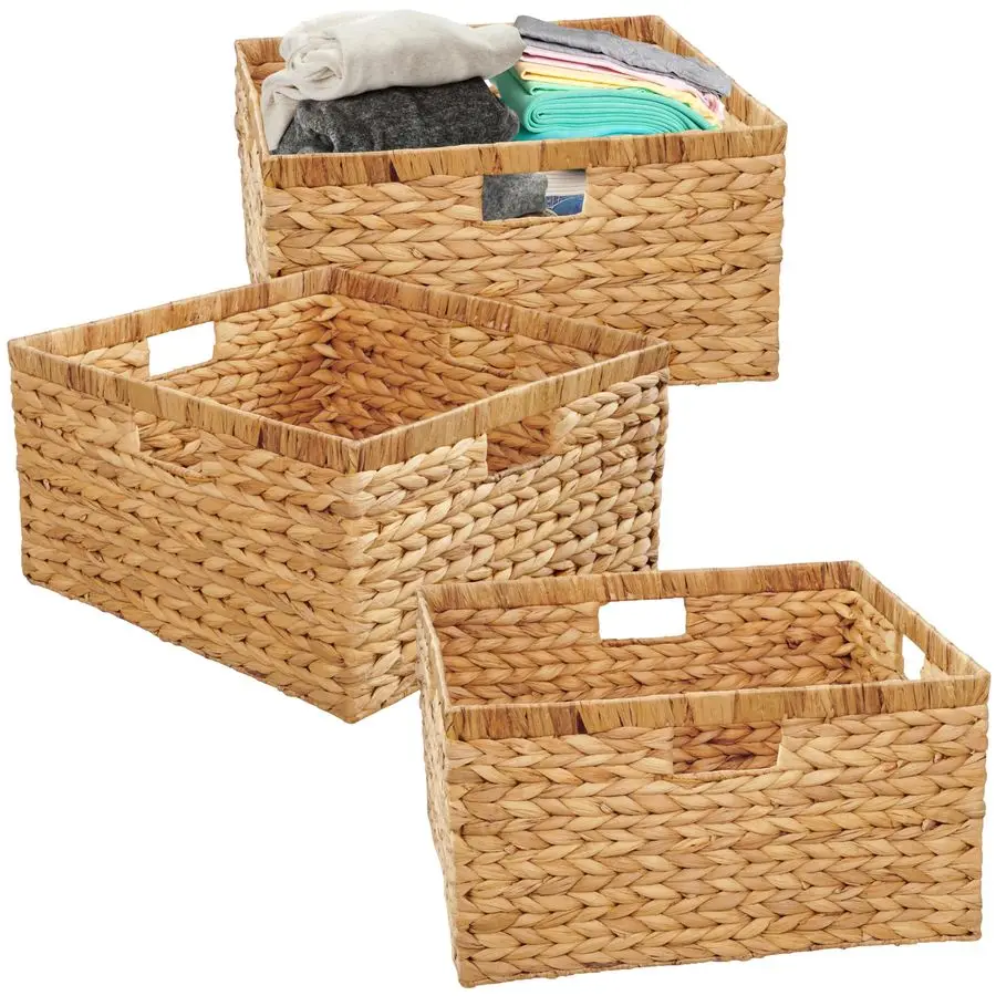 

Набор из 3 плетеных корзин для хранения из натурального водяного гиацинта, 14,5 x 13,5 x 8 дюймов, прямоугольные корзины с встроенными ручками, большие, натуральные