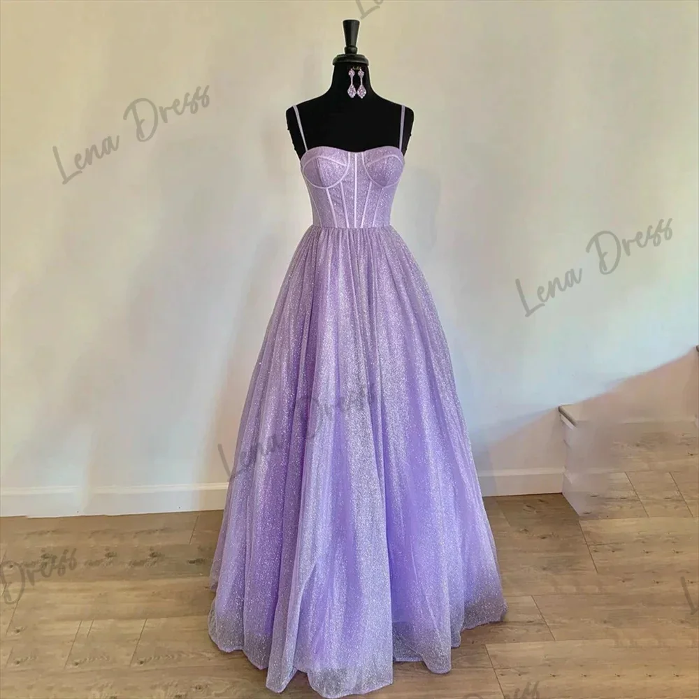 Lena - Lavender colored evening dress with thin shoulder straps and sparkling sequins, charming ball dress A-shaped sparkling