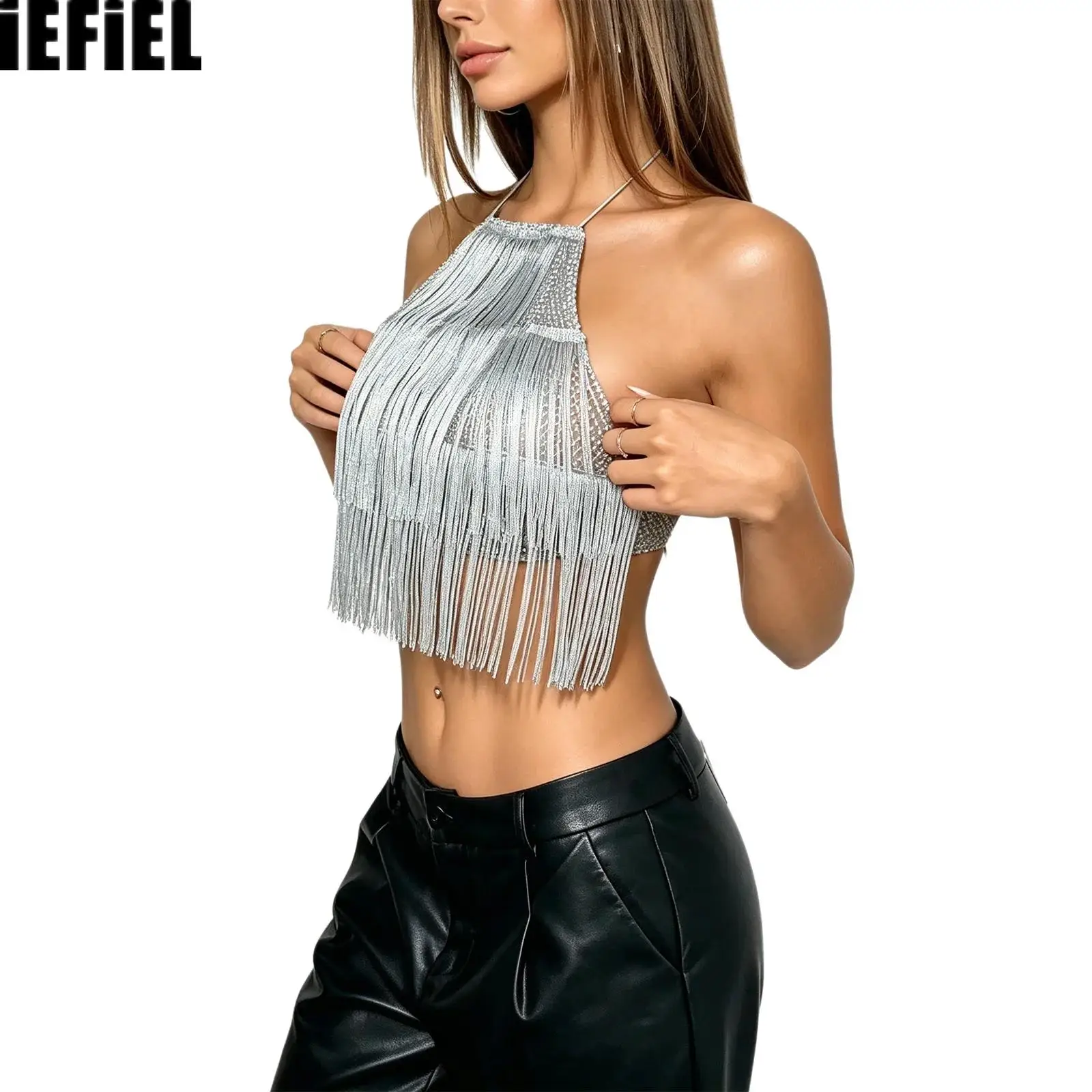 

Women Fishnet Camisole Sparkly Rhinestones Mesh Tiered Tassel Halter Backless Crop Top Tank Top for Party Vacation