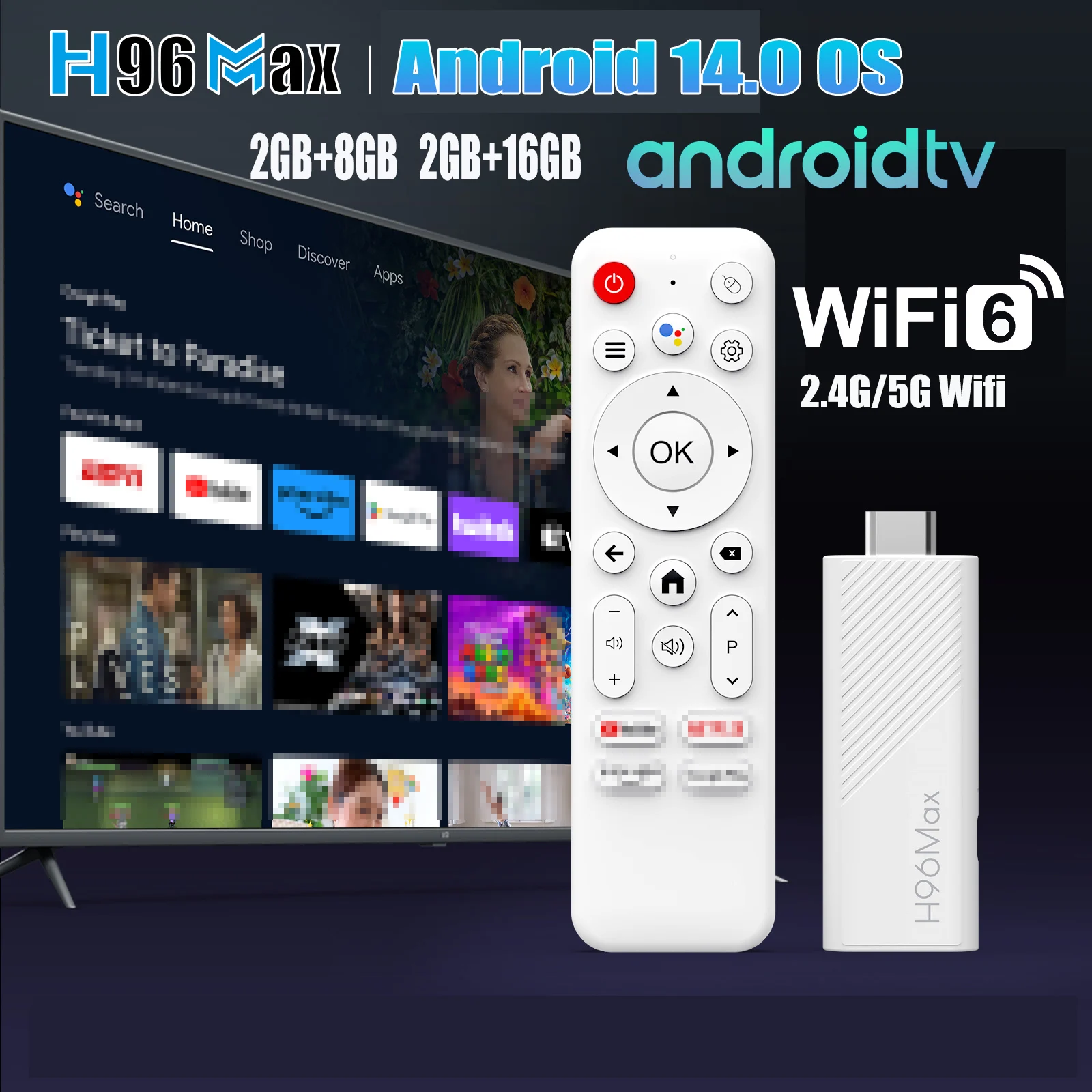 H96 MAX Android 14 TV Stick Allwinner H313 with 2.4G Wifi 5G Wifi6 Dual Brand 8GB 16GB 4K 3D HDR Goole Voice Remote