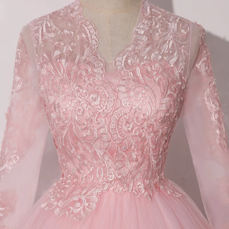 Vestidos De quinceañera rosa con cuello en V, vestidos De baile De tul con mangas, elegante De encaje Vestido largo, Vestido De depuración hecho a medida, nuevo