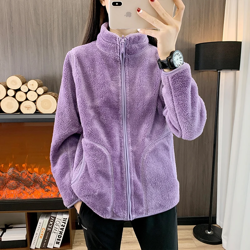 Reversible Double Sided Coral Fleece Jacket Women Warm Lined Coat Comfortable Lounge Wear