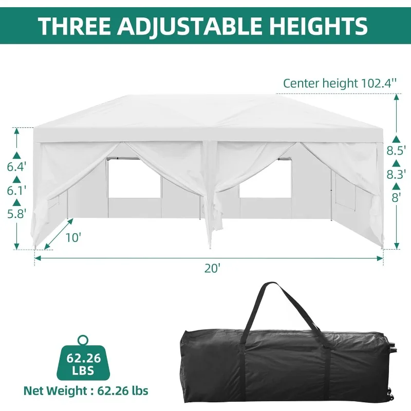 10x20 Pop Up Canopy with 6 Removable Sidewall Heavy Duty Tent, Easy Up Portable Canopy Tents with Roller Bag, White