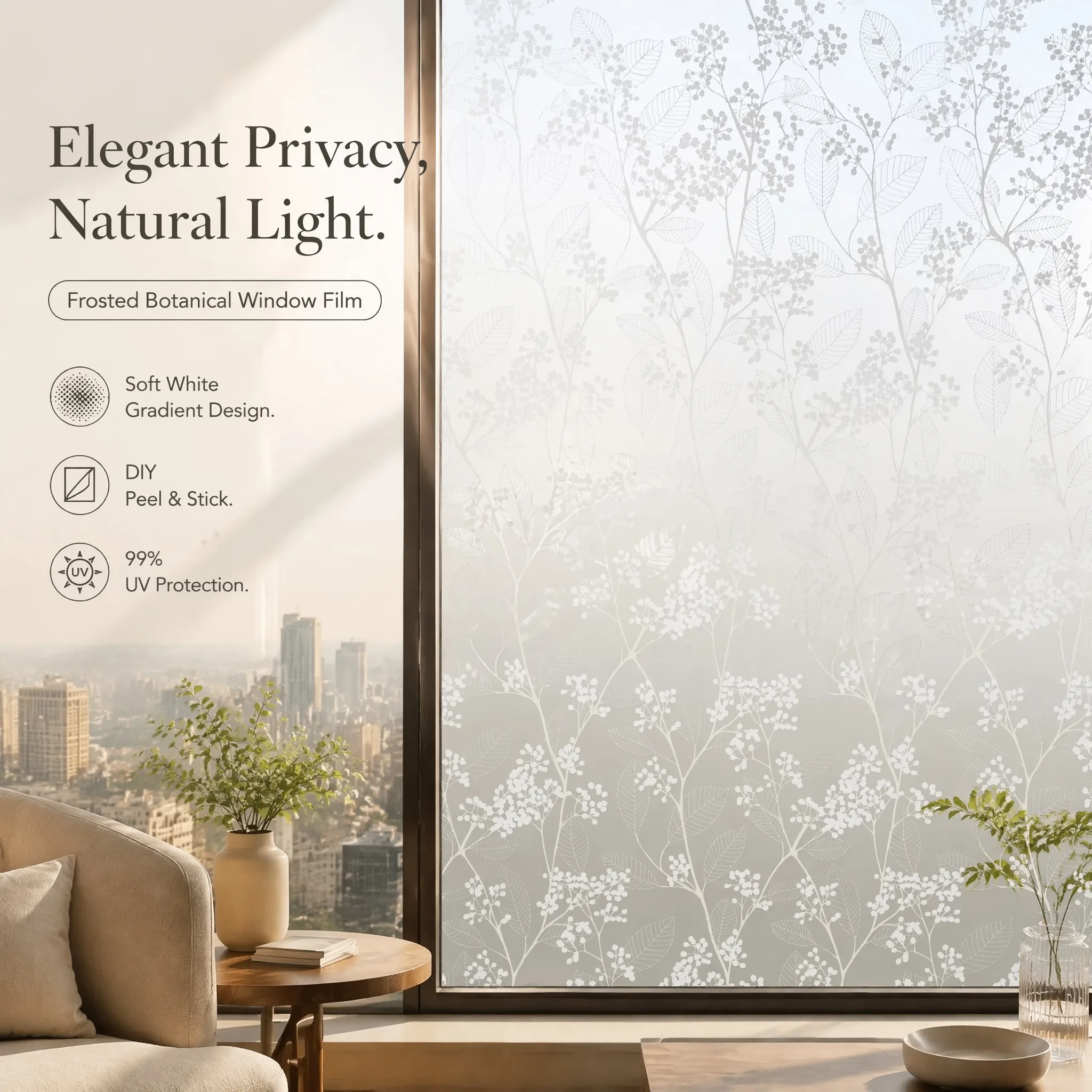 Elegant White Botanical Vine Leaf Berry Self Adhesive Frosted Window Film 24H Privacy Protection 96% UV Protection High Opacity