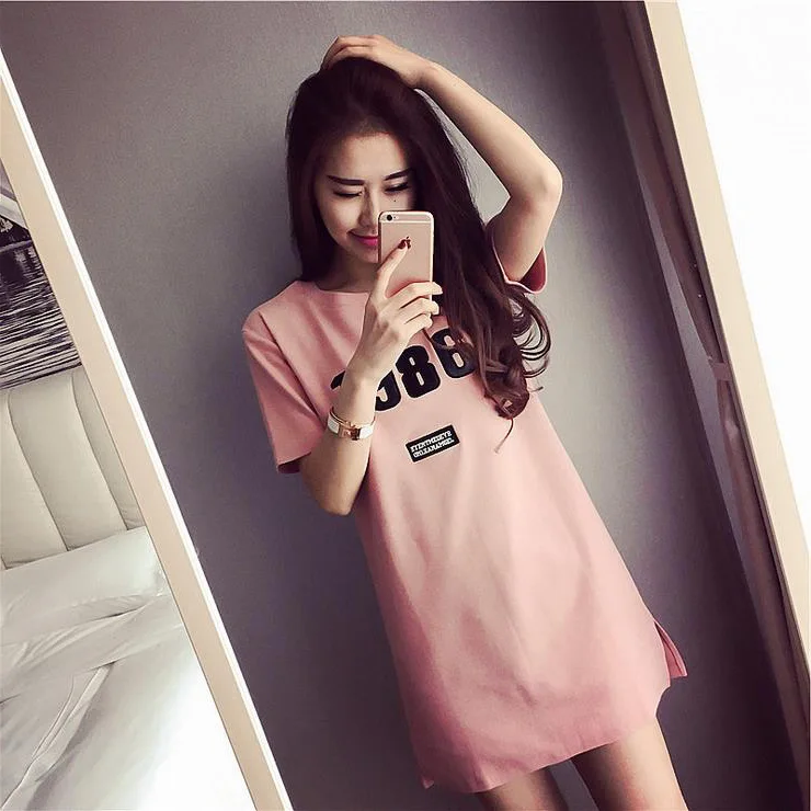 Women's Summer Korean Edition Medium And Long Sleeve T-Shirt Printed Crew Neck Loose Large Size Dress Women