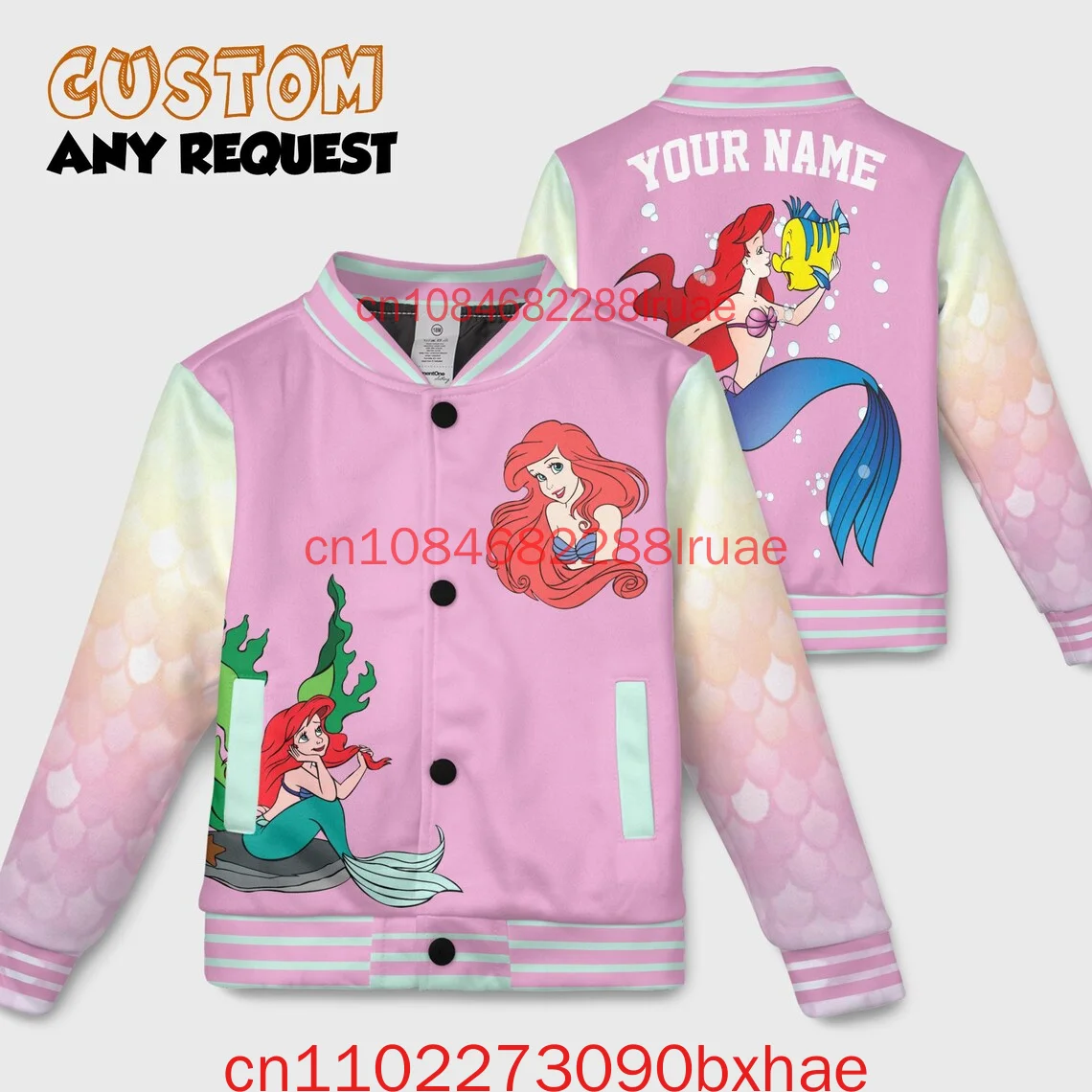 

Custom Disney Ariel Sebastian Flouder Locket Coquette Bow Kids and Youth Baseball Jacket Aldult Unisex Varsity Baseball Jacket