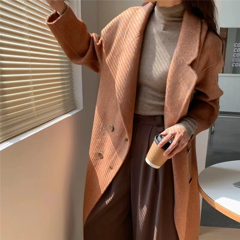 Factory direct sales 2023 autumn and winter silk rabbit hair high-end goods double-sided cashmere coat women's plus long loose,