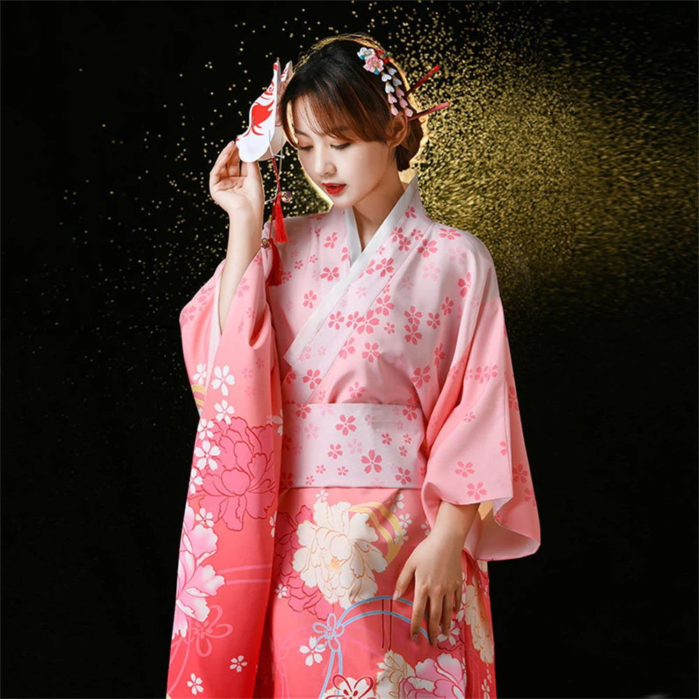 Baju Formal Kimono tradisional Jepang, kostum pertunjukan panggung wanita musim panas, baju Cosplay tradisional Jepang, baju motif Pink ditingkatkan, dengan Obi