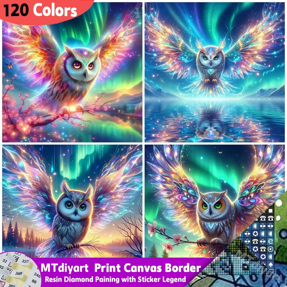 Symbol-Aufkleber Bedruckte Leinwand mit Rand 120 Farben Harz-Diamantmalerei Aurora Nachteule Waldtier Vollflächiges Wandmosaik