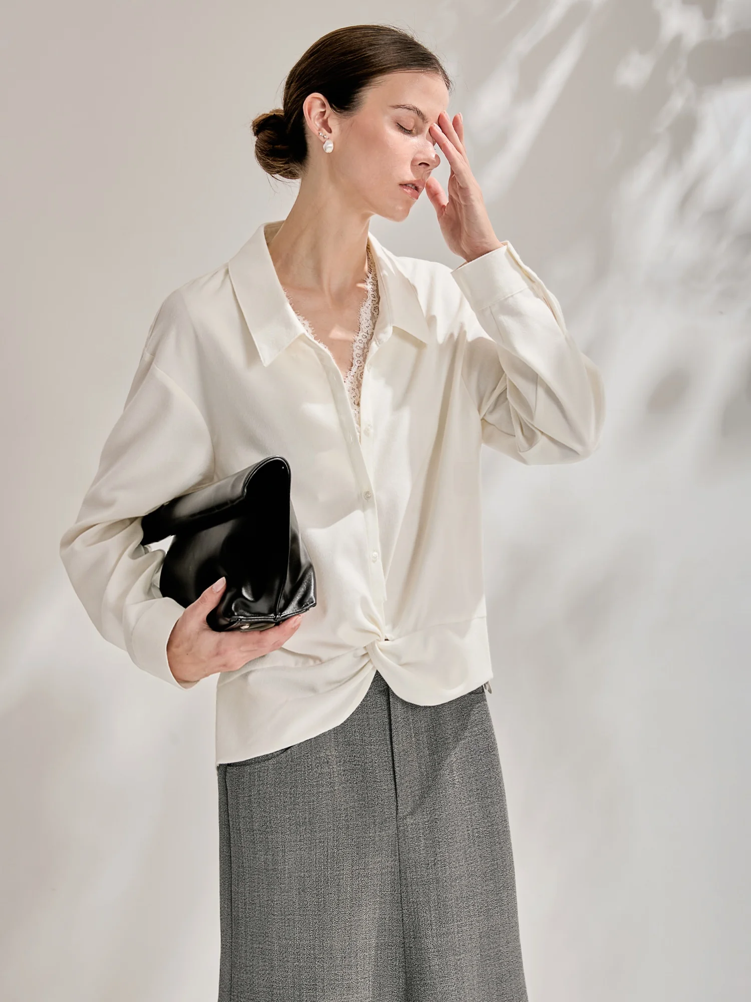 

Classic BEA HEA Acetate Blend irt with Knot Twist Collar Patchwork French Sle Long Sve Breathable Skin-friendly Daily ...