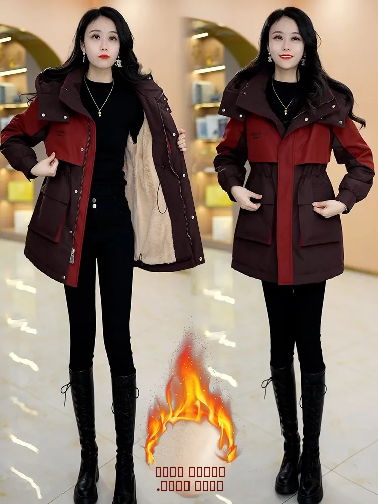 

Women's Casual Loose Fce Lined Belted Coat Winter Warmth Outerwear Mid-Length Parka Sle Versatile Faionable Coat