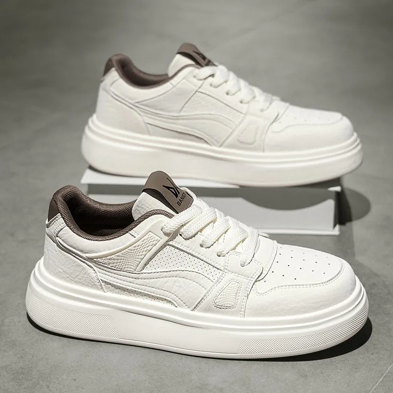 

Unisex White Platform Skate Sneakers, Perforated Breathable PU Non-Slip Thick Sole Casual Walking Shoes For Men Women