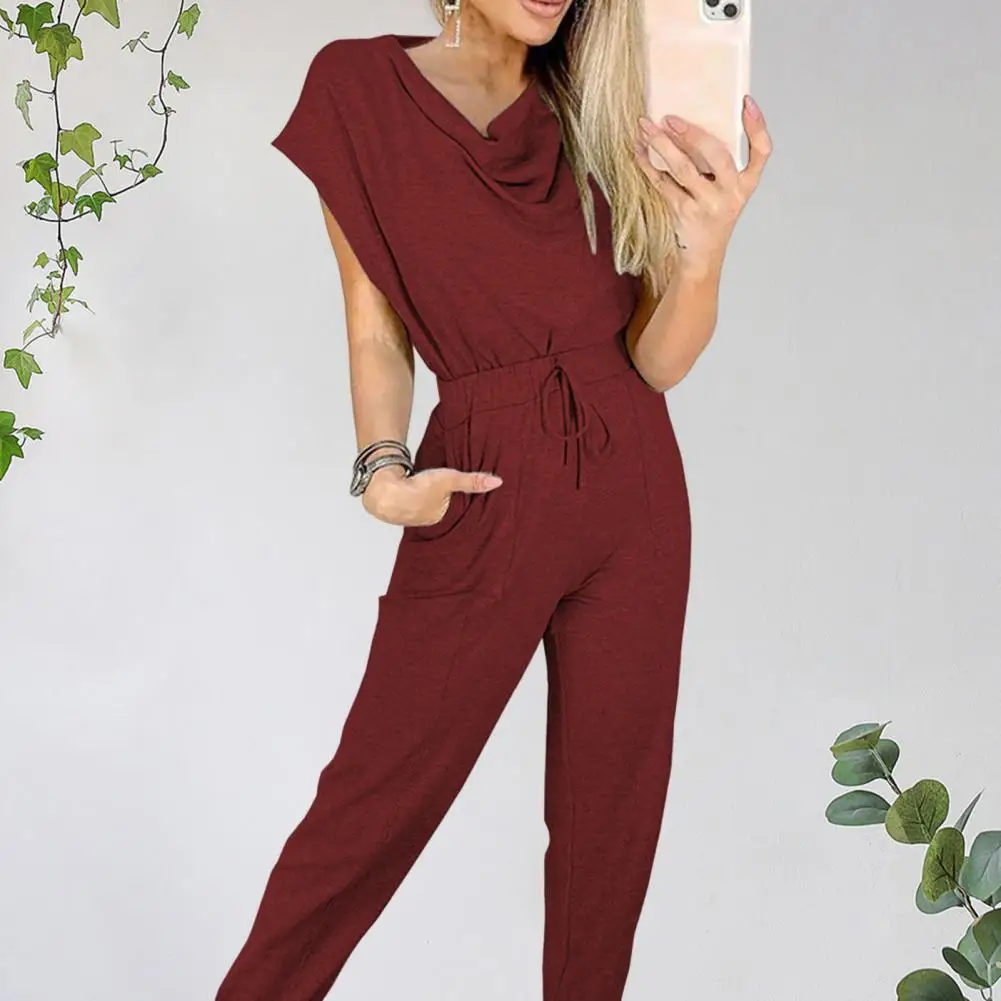 

Popular Work Overalls Pockets Soft Female Playsuit Summer Solid Color Elastic Waistband Jumpsuit