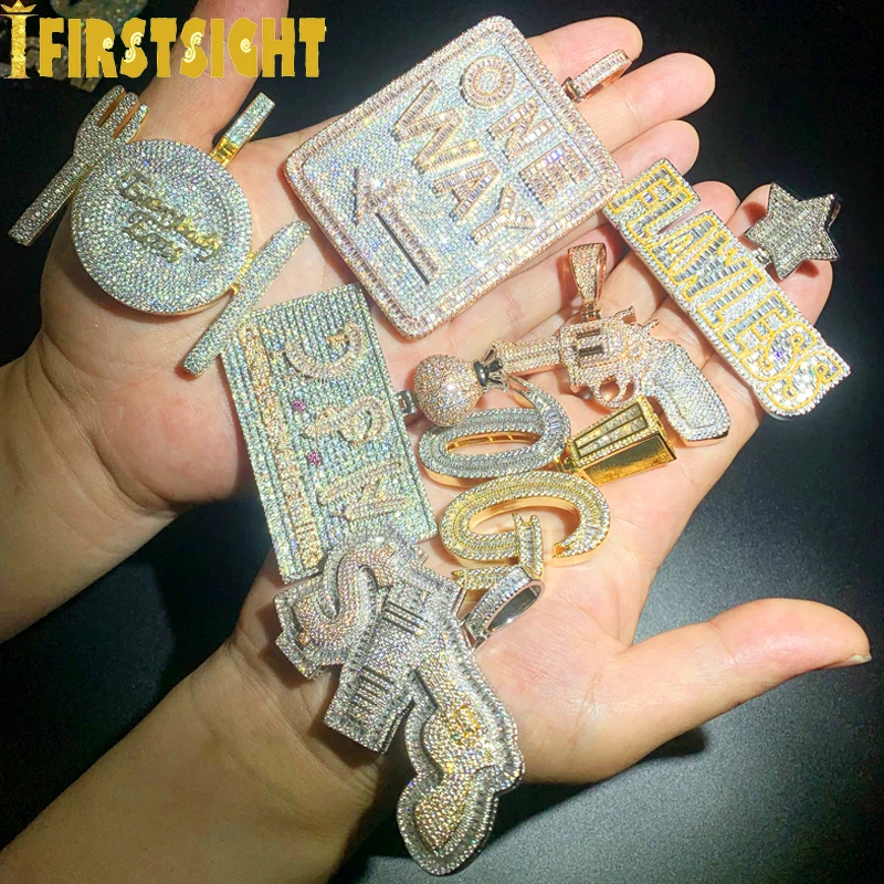 New Iced Out Bling CZ Letter Badge Pendant Necklace Cubic Zirconia Gold Color Lettes Money Charm Men Fashion Hip Hop Jewelry