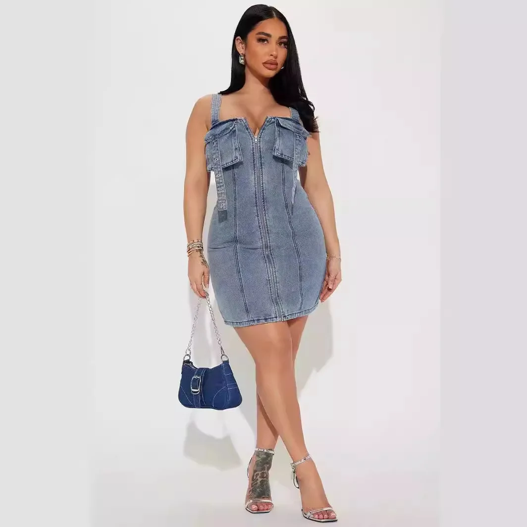 

European and American fashion elastic denim splicing dress shoulder strap buckle adjuster women's dress denim dress sexy