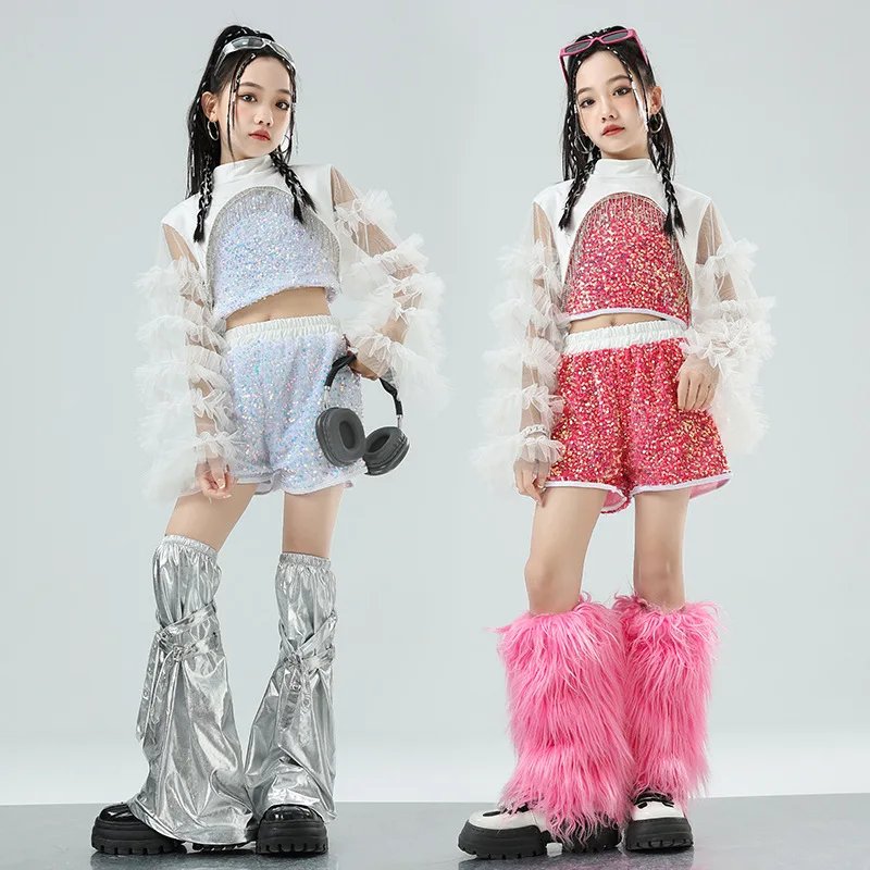 Trajes de dança jazz para meninas hip-hop crianças trajes de desempenho de dança de rua lantejoulas malha pista mostra vestido de jazz