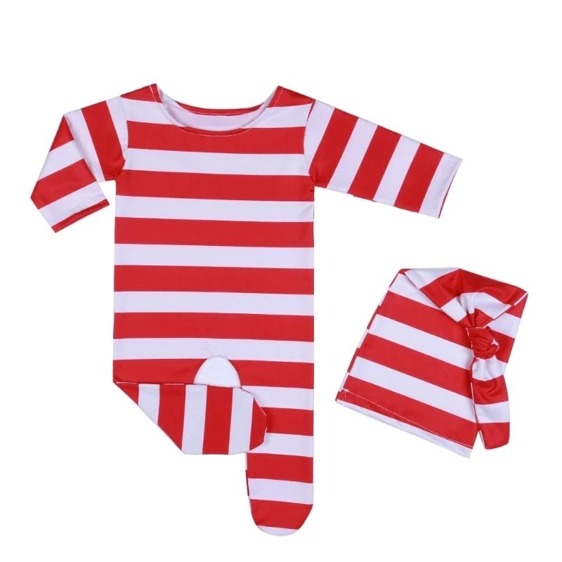 Christmas Newborn Baby Photo Prop Outfit Long Sleeve Red White Stripe Outfit Clothes Santa Bodysuit with Footies