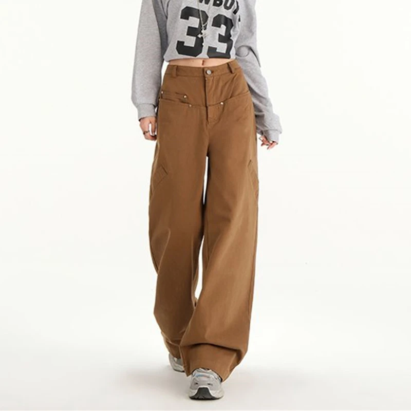 FINEWORDS ريترو جينز كوري غير رسمي للنساء ملابس الشارع جينز عالي الخصر مغسول Easymatch كامل طول واسع الساق من قماش الدنيم السراويل الفضفاضة #2