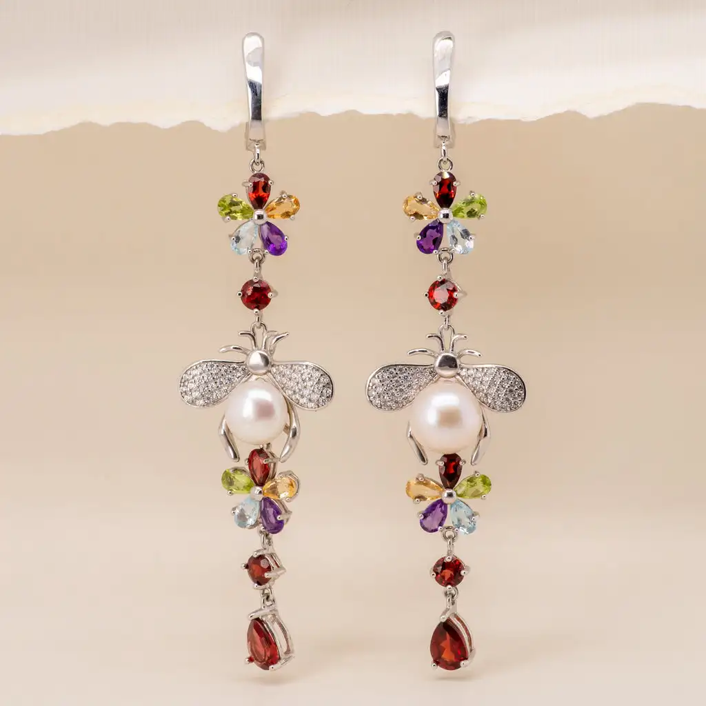 GEM'S BALLET Natural Flower Multicolor Gemstone Earrings 925 Sterling Silver Freshwater Pearl Vintage Drop Earrings For Women