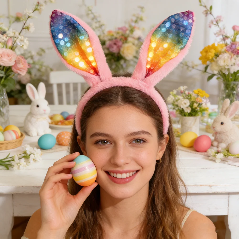 Unisex Plush Rabbit Ear Hair Hoop Easter Sequin Headband Theme Party Stage Performance Headdress Christmas Easter Cosplay Costum