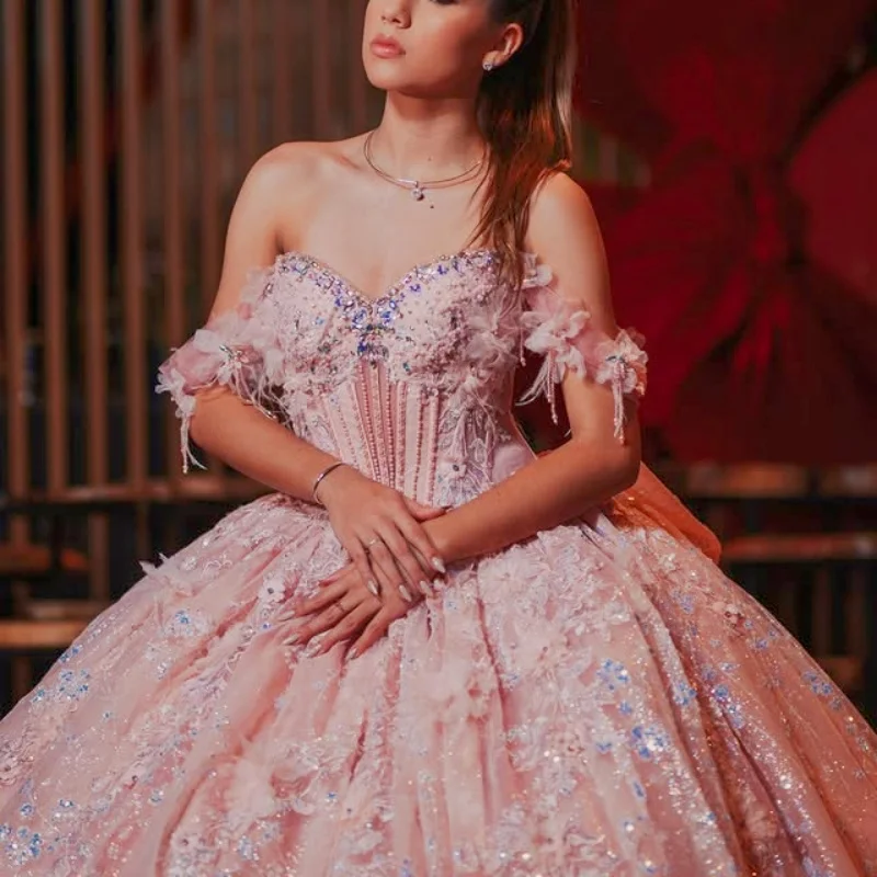 

Luxury Shiny Pink Quinceanera Dress Crystal Glitter 3D Flower Decal Long tail Big Bow Vestidos De 15 Quinceanera ﻿Customize