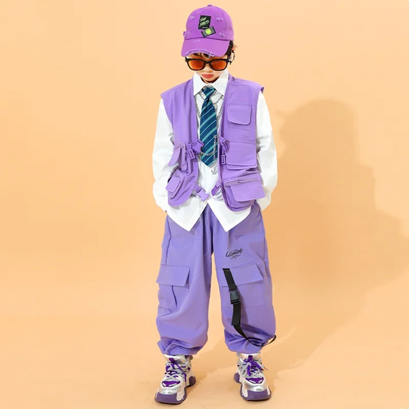 Chaleco morado de Hip Hop para niños, pantalones Cargo, ropa de calle para niños, baile callejero, Joggers, trajes de Jazz, conjuntos de ropa de moda