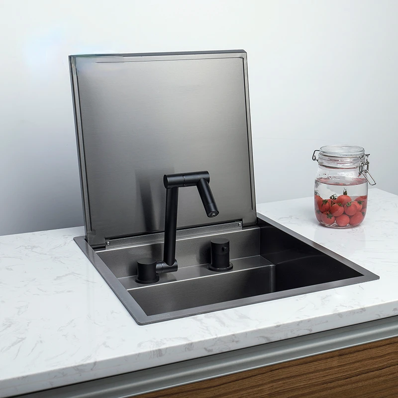 Topmount Kitchen Sink with Slow-Close Technology in 304 Stainless Steel and  Nano Black Drop-In Cover for Bar Island