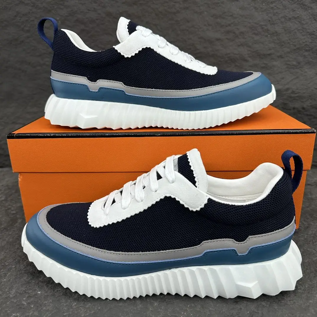 Unisex Knit Fabric Spliced Sneakers Multi Color Block Serrated Thick Sole Lace-up Daily Casual Shoes
