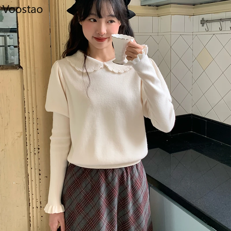 Autumn Winter Sweet Lolita Knitted Pullovers Women Vintage Lace Peter Pan Collar Gigot Sleeve Sweater Girls Cute Knitwear Tops