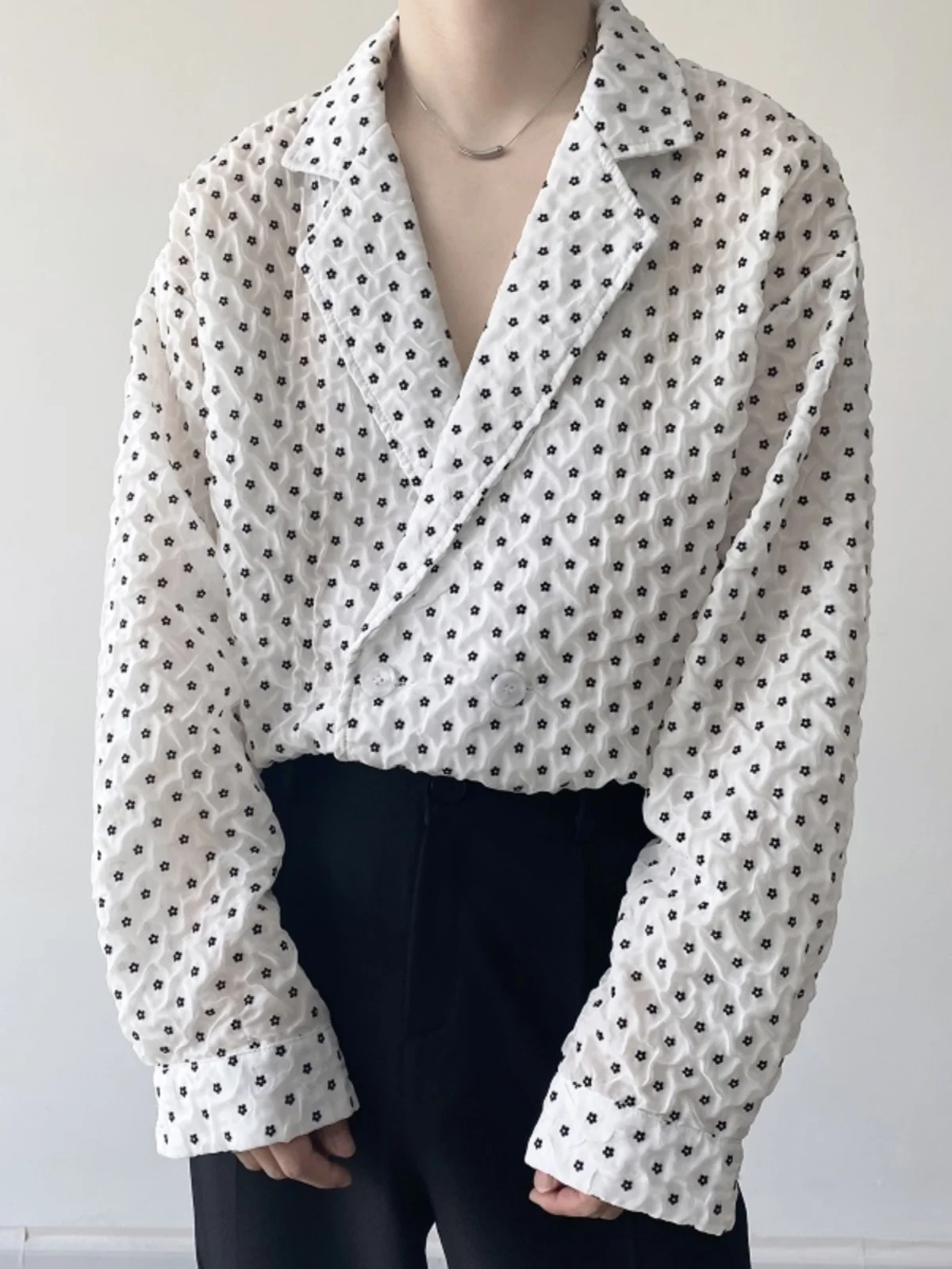 Double Layer Pleated Long Sve Floing Flower Simple mat Sle Men's irt Thin Sun Protection Clothing Flip Collar