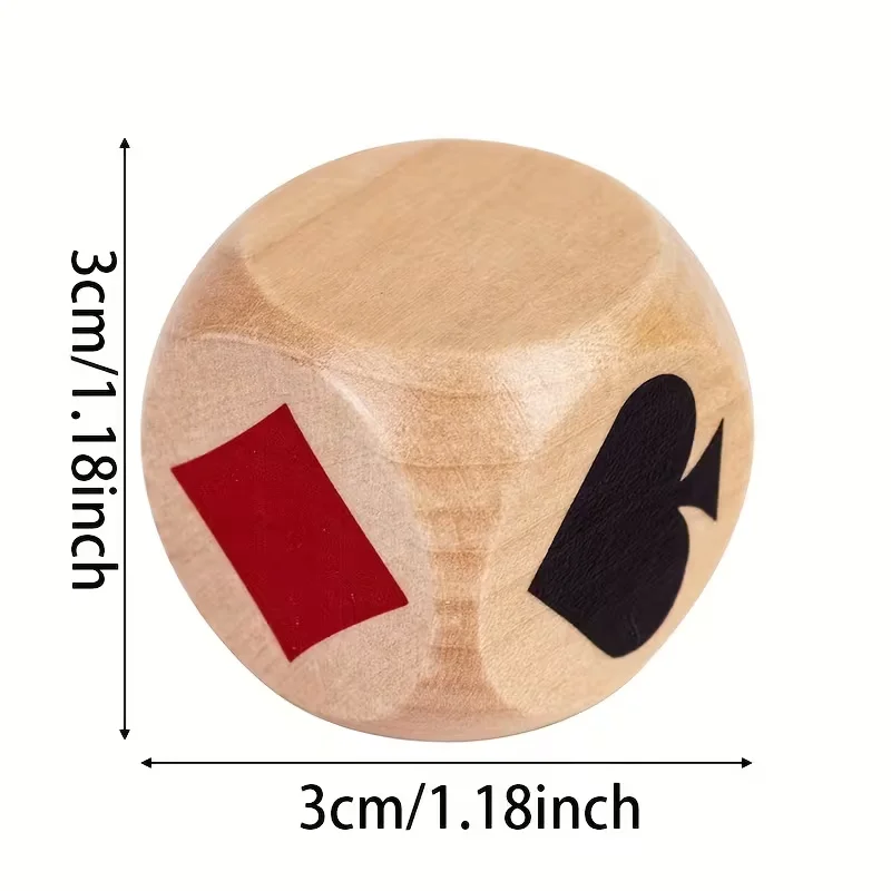 2Pcs 3cm Wooden Dice Set, Hearts Clubs Spades Pattern for Board Games, Family Game Night, Tabletop Game Accessory