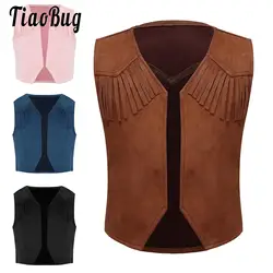 Children Wild West Cosplay Cowboy Costume Boys Girls Cowgirl Halloween Carnival Party Waistcoat Suede Sleeveless Fringe Vest