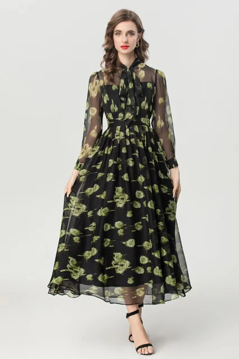 MIUXIMAO 2025 ชุดเดรสฤดูใบไม้ร่วงแฟชั่นชุดเดรสยาวแขนยาวพิมพ์ลายดอกไม้สีเขียวชุดสีดำผู้หญิงเวสติดส์โบว์