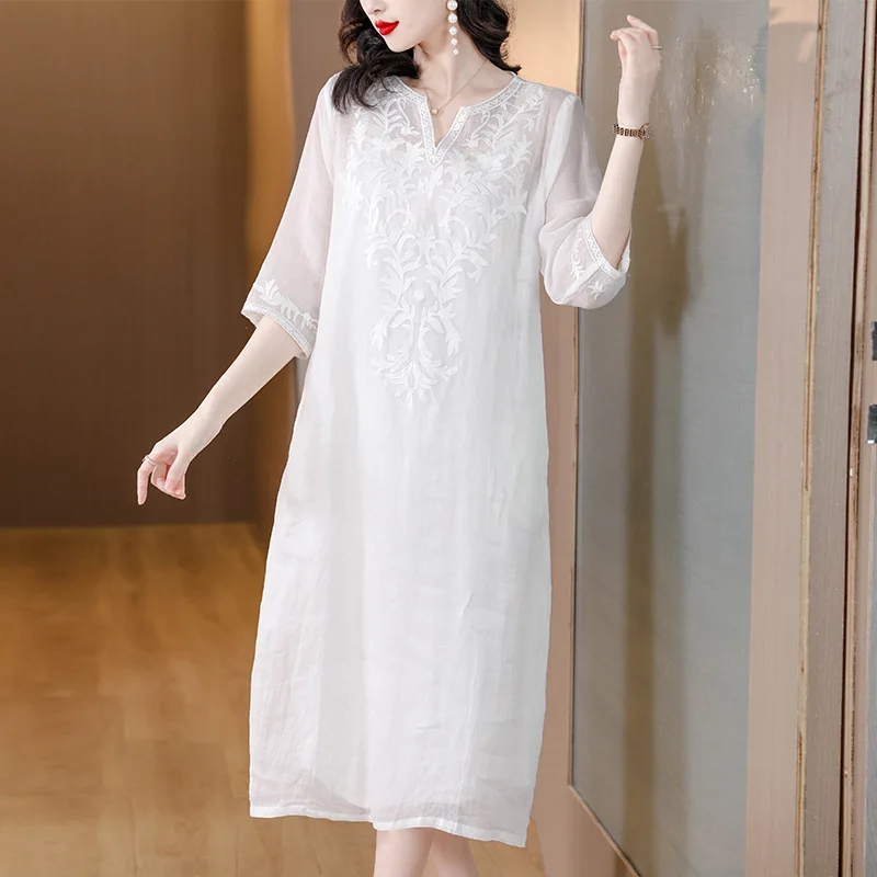 Linen Embroidered Dress for Women, Relaxed Thin, Breathable, Skin-Friendly, Nice Emperament MIDI Skirt, Summer