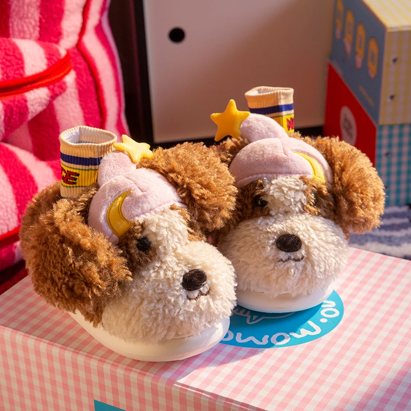 Fluffy Fur Slipper - SHAJI レディース かわいい漫画犬柄のつま先が閉じたぬいぐるみスリッパ、冬用暖かいふわふわ滑り止め快適な室内用ホームシューズ