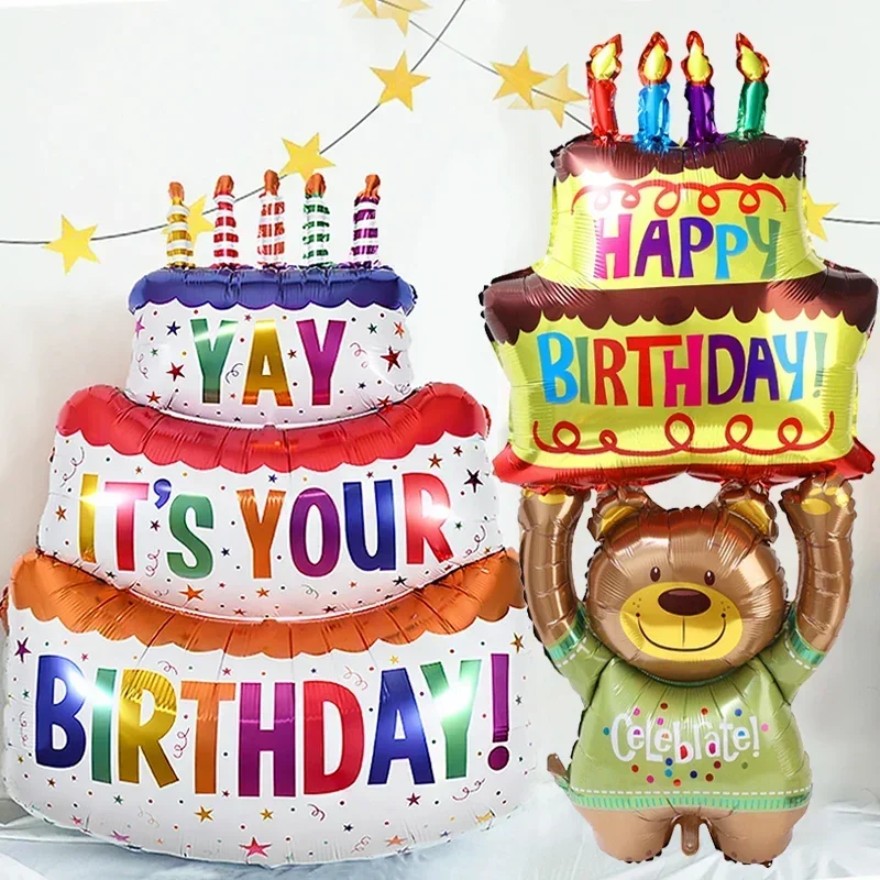 Birthday Cake Balloons 3-Layer Large Color Candle Foil Balloon Cartoon Bear Globos for Baby Shower Party Decor Kids Gifts