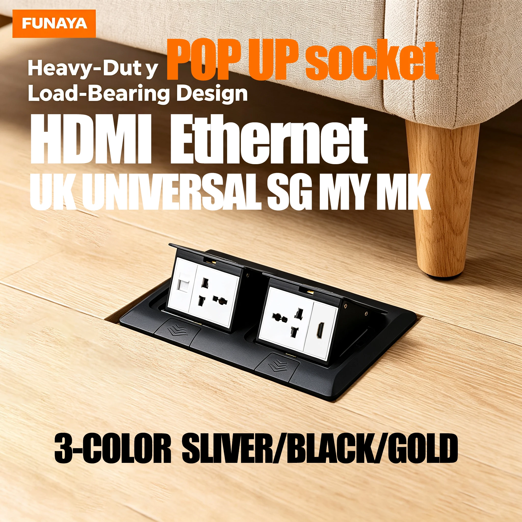 FUNAYA Universal UK SG Pop Up Sockets with USB A/C HDMI Ethernet Black Gold Floor Recessed Built-in Furniture Power AC Outlets