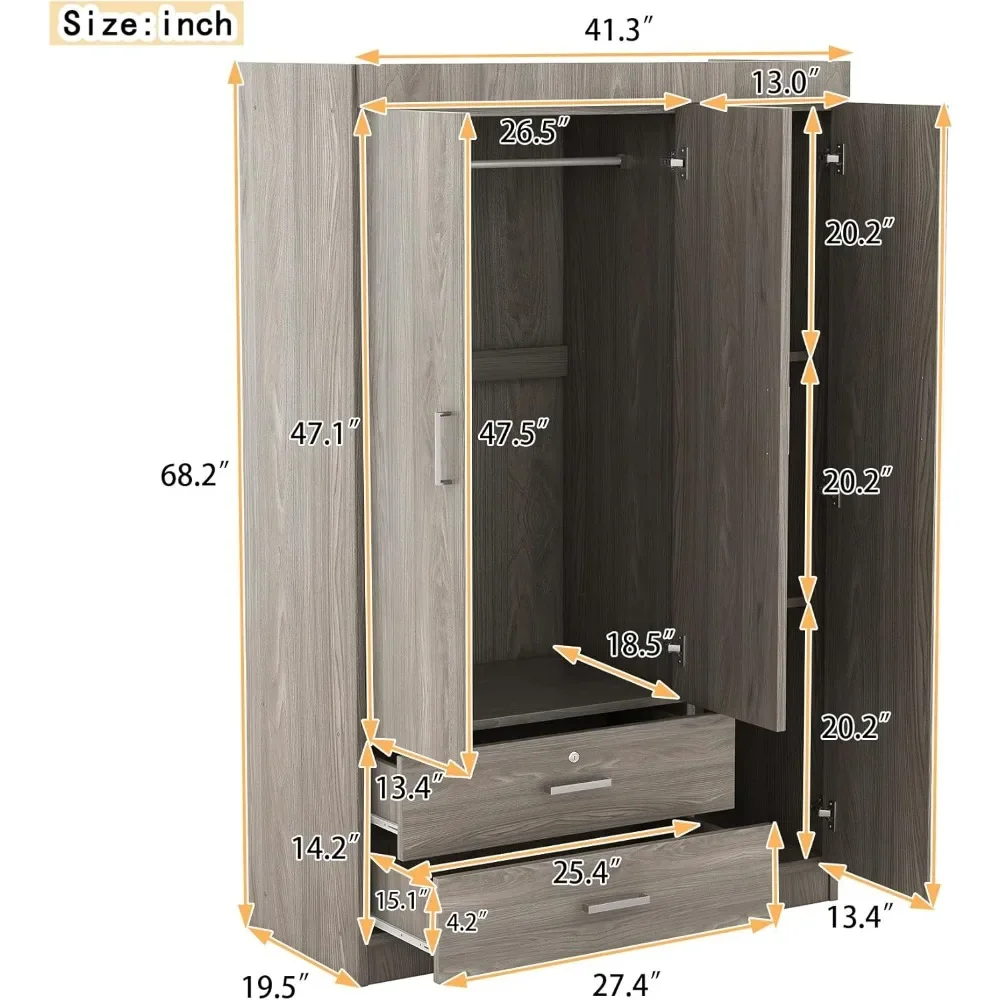 Three-Door Wardrobe with Two Drawers, Hanging Clothes Area with 2 Doors and Mirror, Stack Clothing with 3 Shelves, Gray