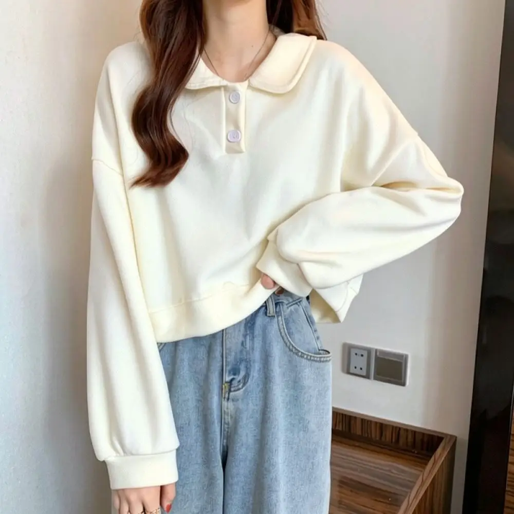 Spring Autumn Polo Neck Sweatshirt Women Loose Short Fit Top Casual Korean Fashion Solid Color Long Sleeve Shirt