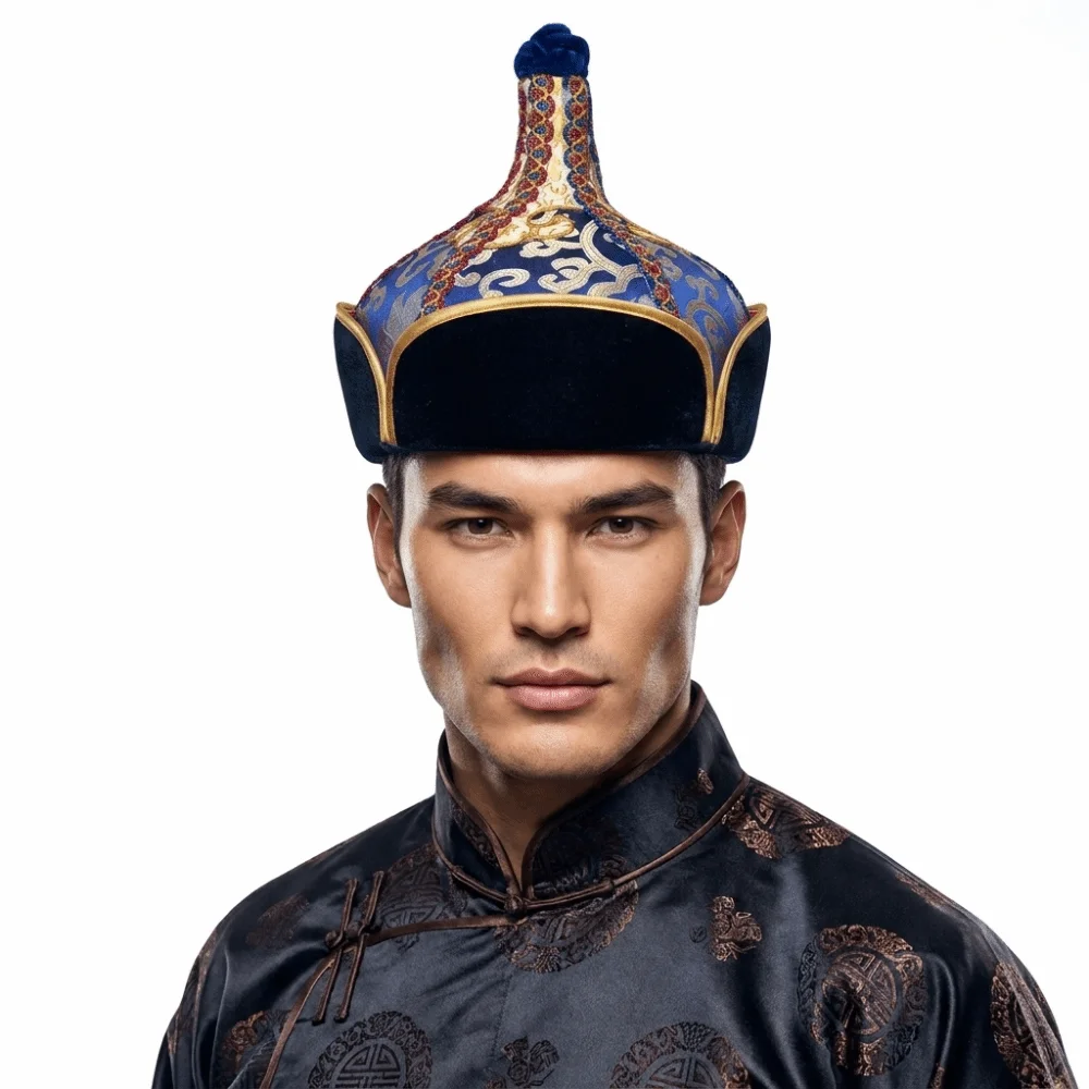 Golden and Blue Pointed Dance Hat Comfortable Wearing Lightweight Texture Ethnic Costume Headwear Stable Pointed Shape
