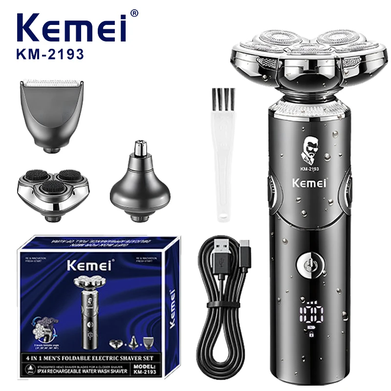 Kemei KM-2193 Floating Five-Blade Head Shaving Machine Electric Shaver Usb Rechargeable Multifunctional Men Electric Shaver