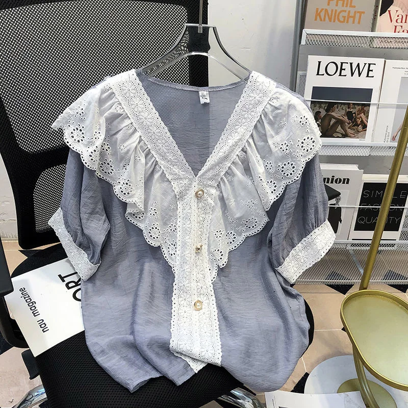 Oversize Lace Trim 4XL Pullovers Blouses Female Summer Fashion V-neck Button Shirts Large Korean Loose Short Sleeve Chic Tops