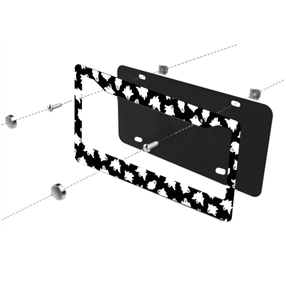 أسود أبيض شبح نمط 2-Hole إطار لوحة الترخيص الألومنيوم 6x12 بوصة مع مسامير مجموعة مضحك ديكور السيارة هدية #4