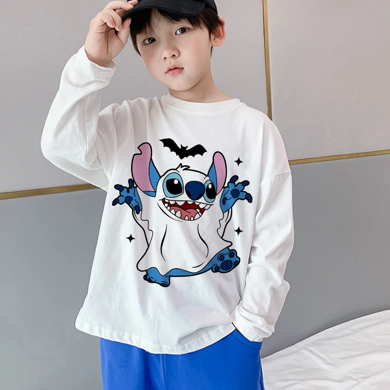 New Stitch Halloween Kids Tops Kawaii Cartoon Graphic T Shirts Boys Girls Casual Sports Long Sleeved T-shirt Children\'s Clothing