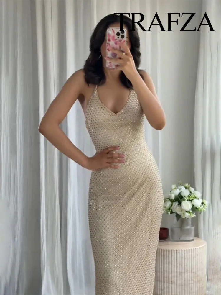 

HH Women's Summer Sexy Slim Long Dress V-Neck Sleeveless Backless Diamond Decoration Female New Fashion Solid Dresses
