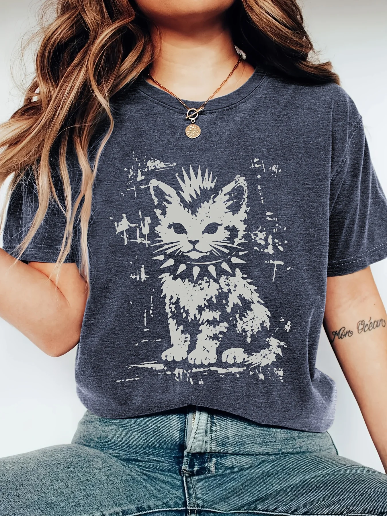 Women Teal Crewneck Tee Vintage Spiked Collar Cat Print Casual Short Sleeve Daily Tops