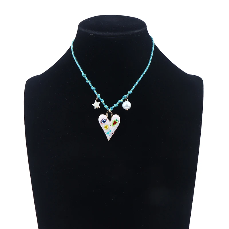 1Pc Handmade Knotted Rope Heart Pendant Necklace Fashion Sweater Chain Stackable Star Pearl Necklace For Women Jewelry Gift.