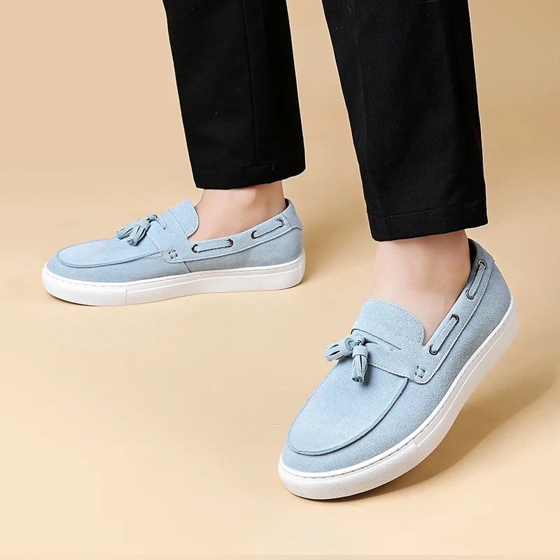 Classic Men's Suede Leather Tassel Loafers Flat Bottom Casual Shoes Spring Summer New Style Fashion Couple Slip-On Lazy Shoes