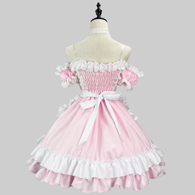 White Pink Lolita Dress Anime Cosplay Classical Sweet Style Kawaii Role Play Costumes Restaurant Waitress Uniform Slash Neck